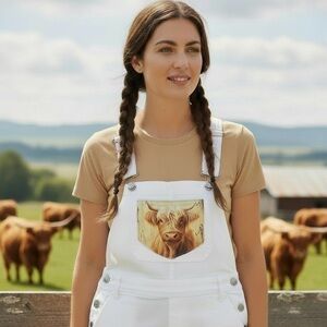 Lee Overalls Shortalls with Highland cow motif. Custom Up-cycled New w/o tag